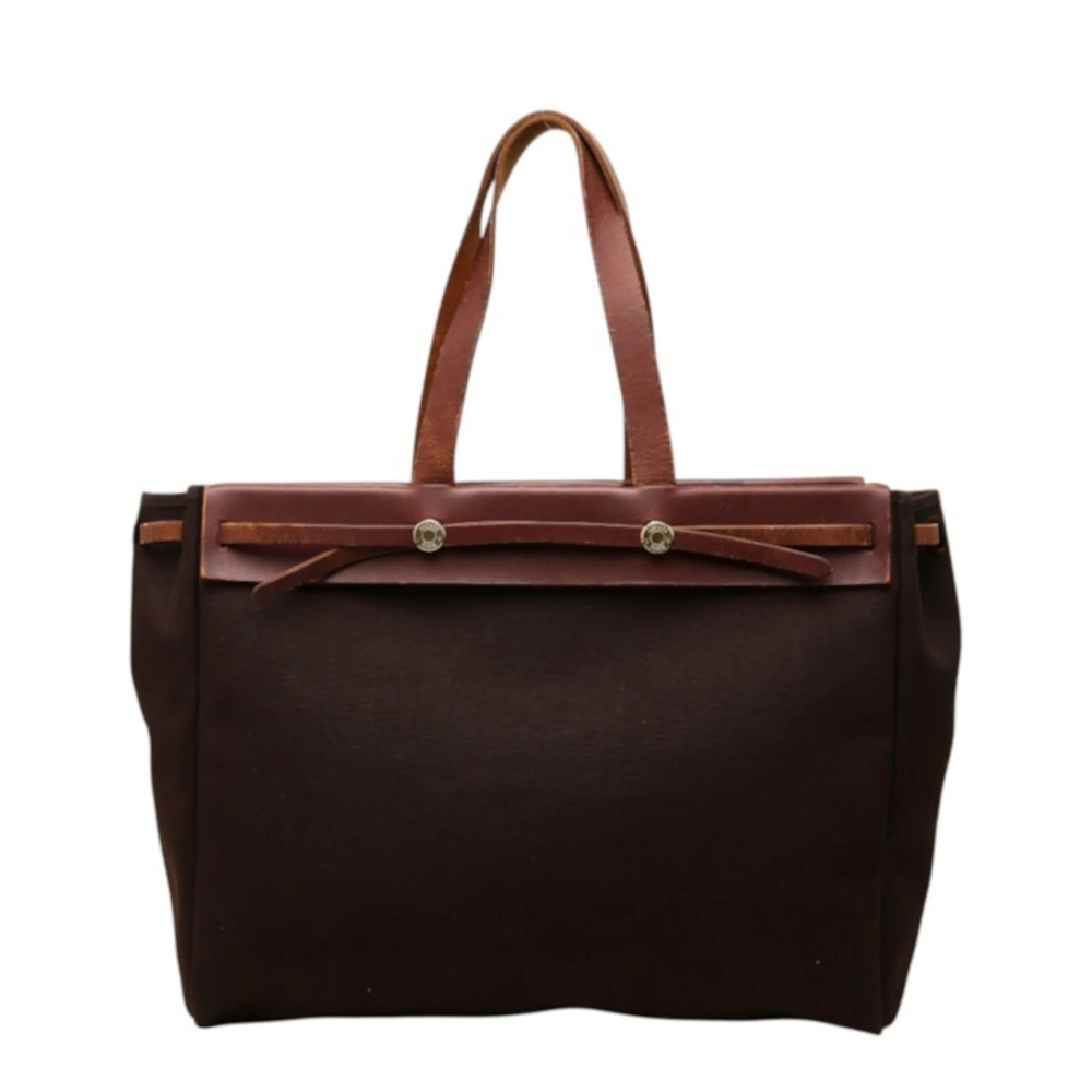 Hermes Herbag Cabas MM Tote Bag, □F stamp, Brown Toile H Leather, Women's HERMES